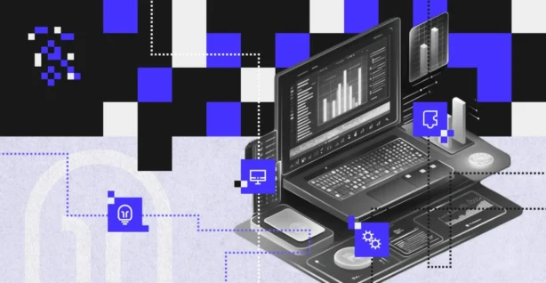 Illustration of a laptop with an extended user interface, charts and icons of innovation, design and automation — visualising the service design approach to building effective digital services.