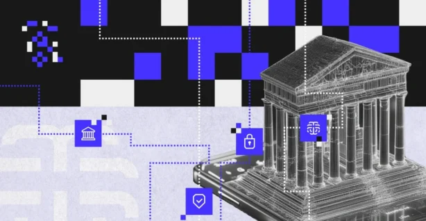 Illustration of a classical bank building emerging from a smartphone, surrounded by icons of security, institutions and artificial intelligence — symbolising digital transformation and the use of AI in banking to combat fraud.