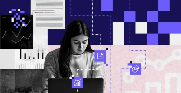 Illustration of a woman analysing data on a laptop, with visible charts and elements of the Power BI interface, symbolising the creation of interactive dashboards and business reports.