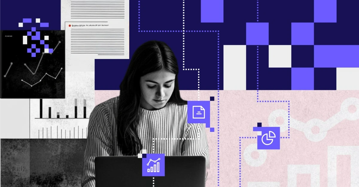 Illustration of a woman analysing data on a laptop, with visible charts and elements of the Power BI interface, symbolising the creation of interactive dashboards and business reports.