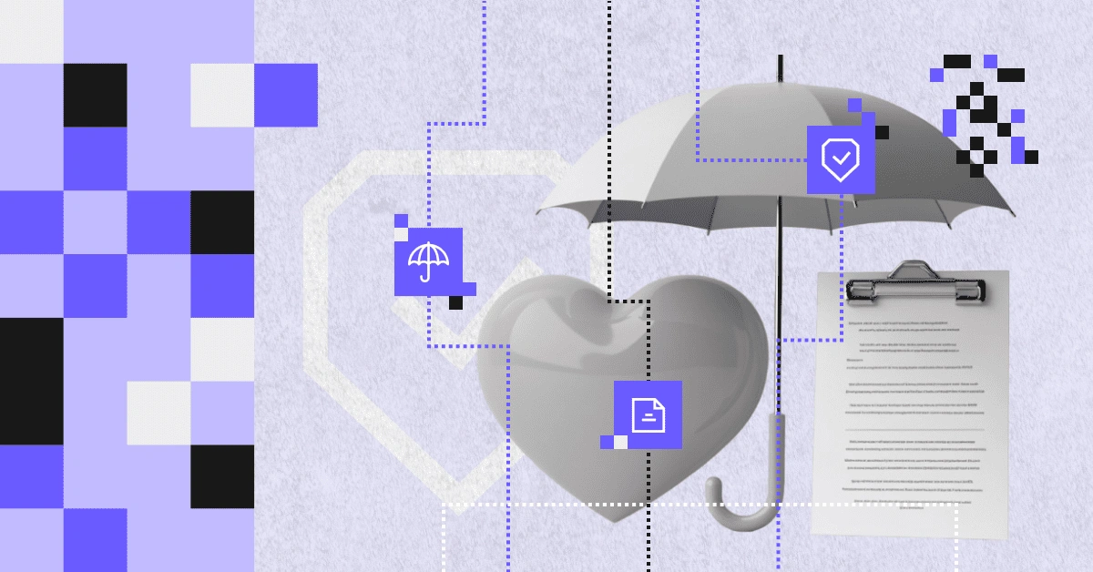 Heart-shaped health symbol under an umbrella next to a document – a metaphor for patient protection and digital transformation in the health insurance sector.