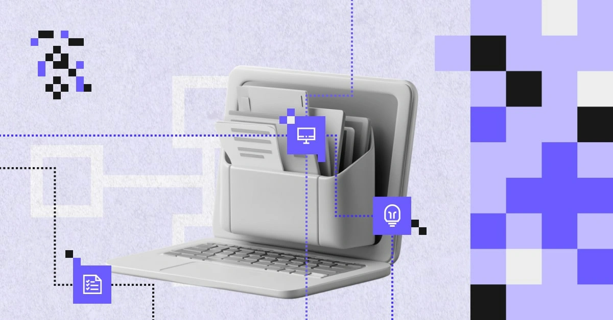 Illustration representing how a data catalog works – a laptop with a digital file organizer and icons for knowledge, data, and IT systems.