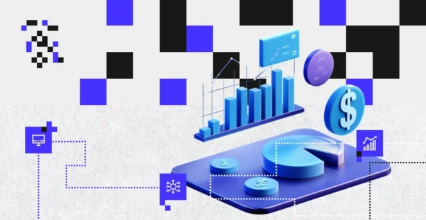Graphic with charts, data, and currency icons – symbolizing the impact of technology on the financial and lending market in Poland.