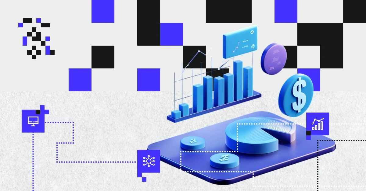 Graphic with charts, data, and currency icons – symbolizing the impact of technology on the financial and lending market in Poland.