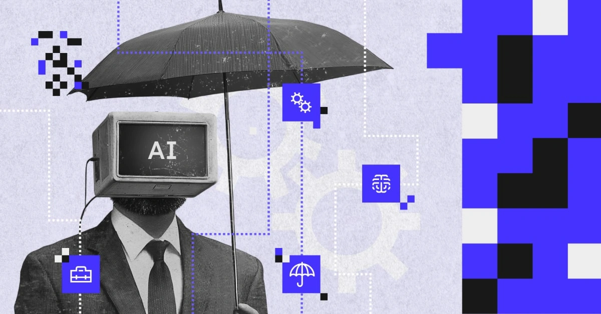 AI w ubezpieczeniach – obrazek przedstawiający mężczyznę w garniturze z telewizorem zamiast głowy, trzymającego parasol, symbolizującego technologię sztucznej inteligencji w branży ubezpieczeniowej.