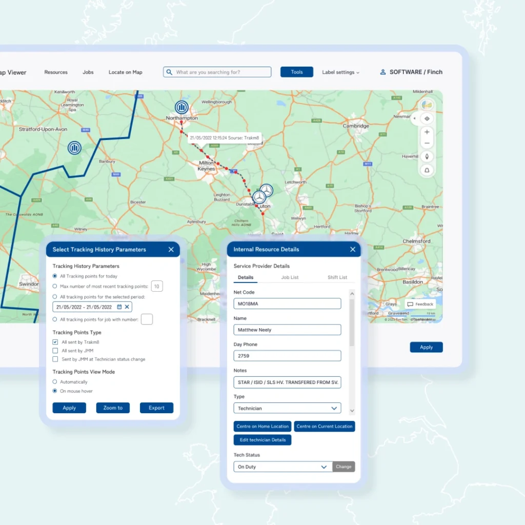 Widok mapowy systemu do zarządzania zgłoszeniami i geolokalizacją techników w procesach obsługi ubezpieczeniowej.