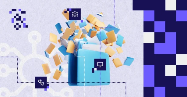 Illustration depicting data chaos in a company – an overloaded IT system with multiple data sources, symbolizing inconsistency and informational disorder.