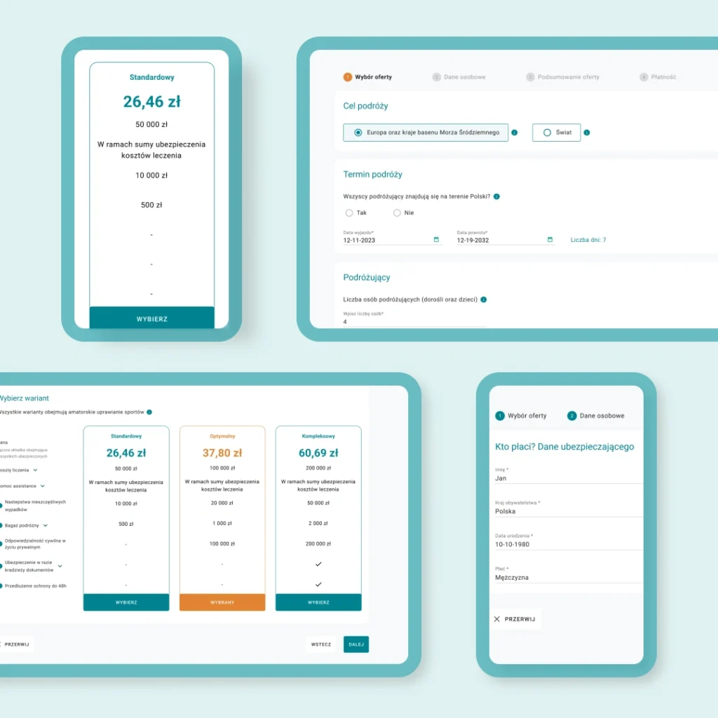 Screens showing the final implemented solution – insurance plan selection and quote comparison view.