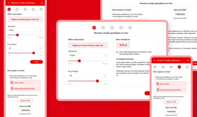 Cross-device preview of credit application form featuring monthly rate and SMS verification.