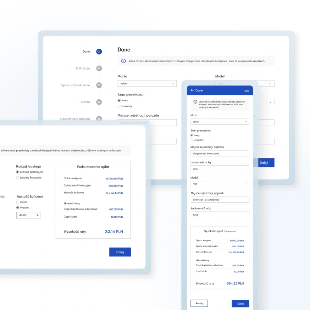 Application screens highlighting user flow and business logic challenges addressed in the Dedicated Leasing Platform project.