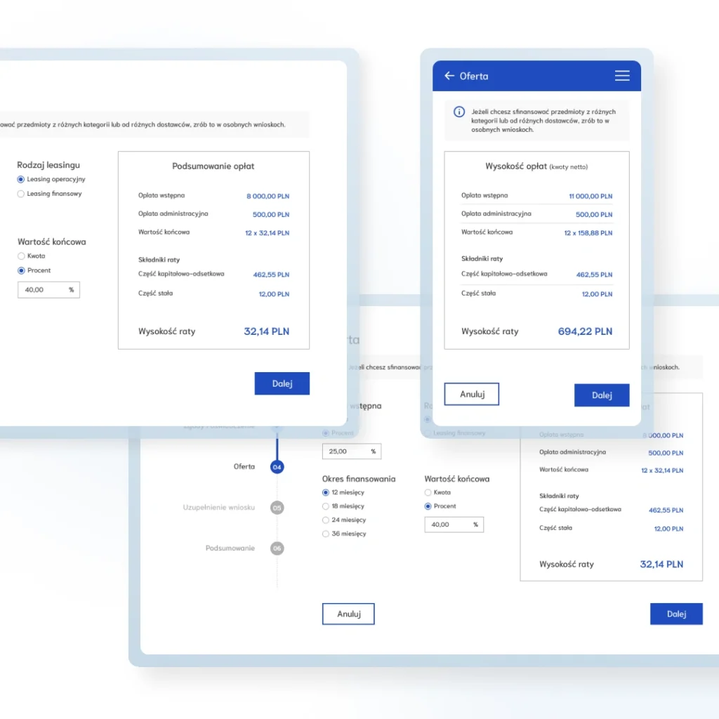 Client and product data entry screens within the Dedicated Leasing Platform used to streamline lease applications.