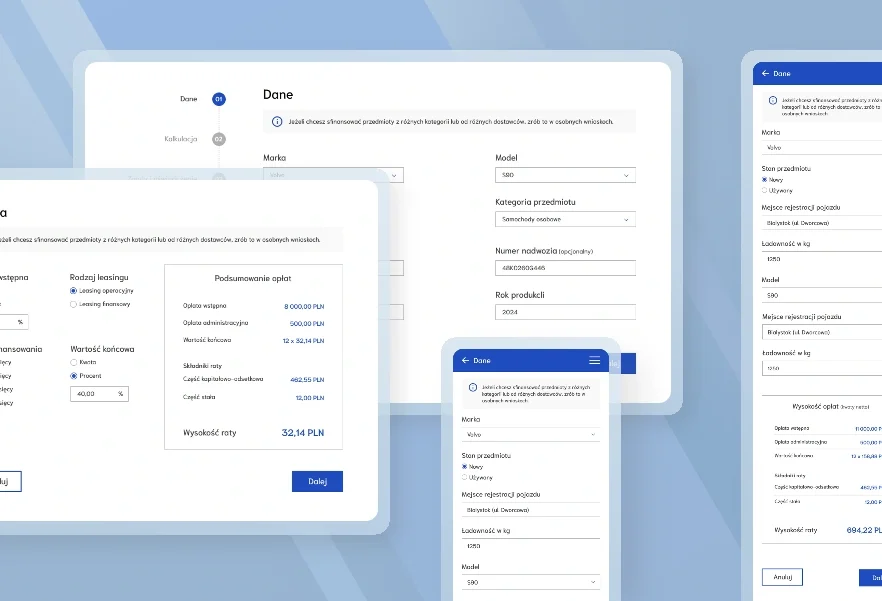 Step-by-step leasing application journey visualised through the Dedicated Leasing Platform interface.