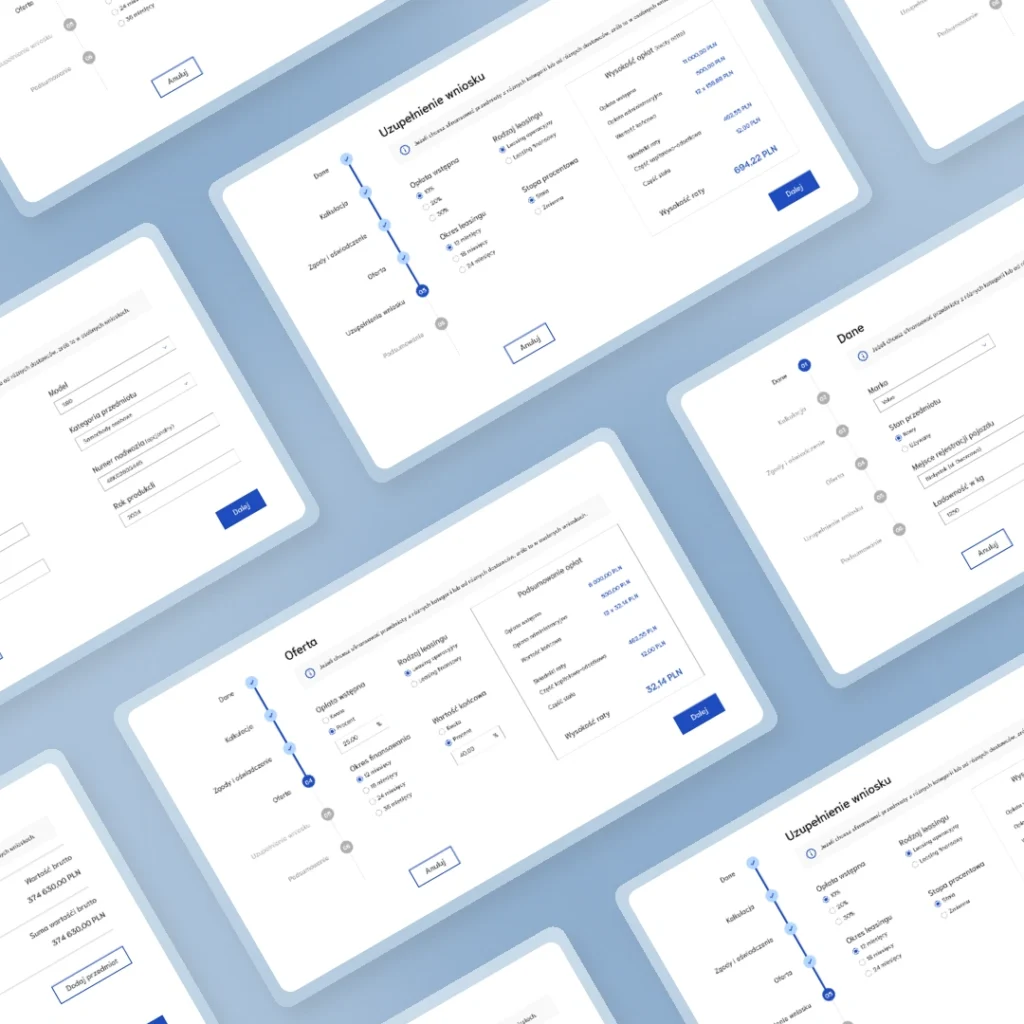 Final interface design of the Dedicated Leasing Platform – from product selection to lease offer calculation.