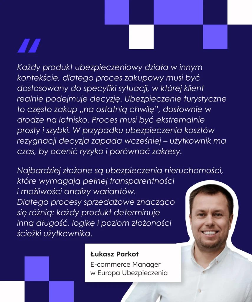 „Każdy produkt ubezpieczeniowy działa w innym kontekście, dlatego proces zakupowy musi być dostosowany do specyfiki sytuacji, w której klient realnie podejmuje decyzję. Ubezpieczenie turystyczne to często zakup „na ostatnią chwilę”, dosłownie w drodze na lotnisko. Proces musi być ekstremalnie prosty i szybki. W przypadku ubezpieczenia kosztów rezygnacji decyzja zapada wcześniej – użytkownik ma czas, by ocenić ryzyko i porównać zakresy. Najbardziej złożone są ubezpieczenia nieruchomości, które wymagają pełnej transparentności i możliwości analizy wariantów. Dlatego procesy sprzedażowe znacząco się różnią: każdy produkt determinuje inną długość, logikę i poziom złożoności ścieżki użytkownika”. Łukasz Parkot, E-commerce Manager w Europa Ubezpieczenia